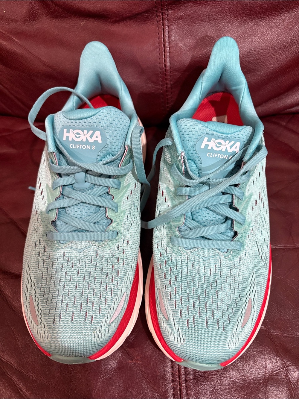 Hoka Running Shoes in Red and Light Blue